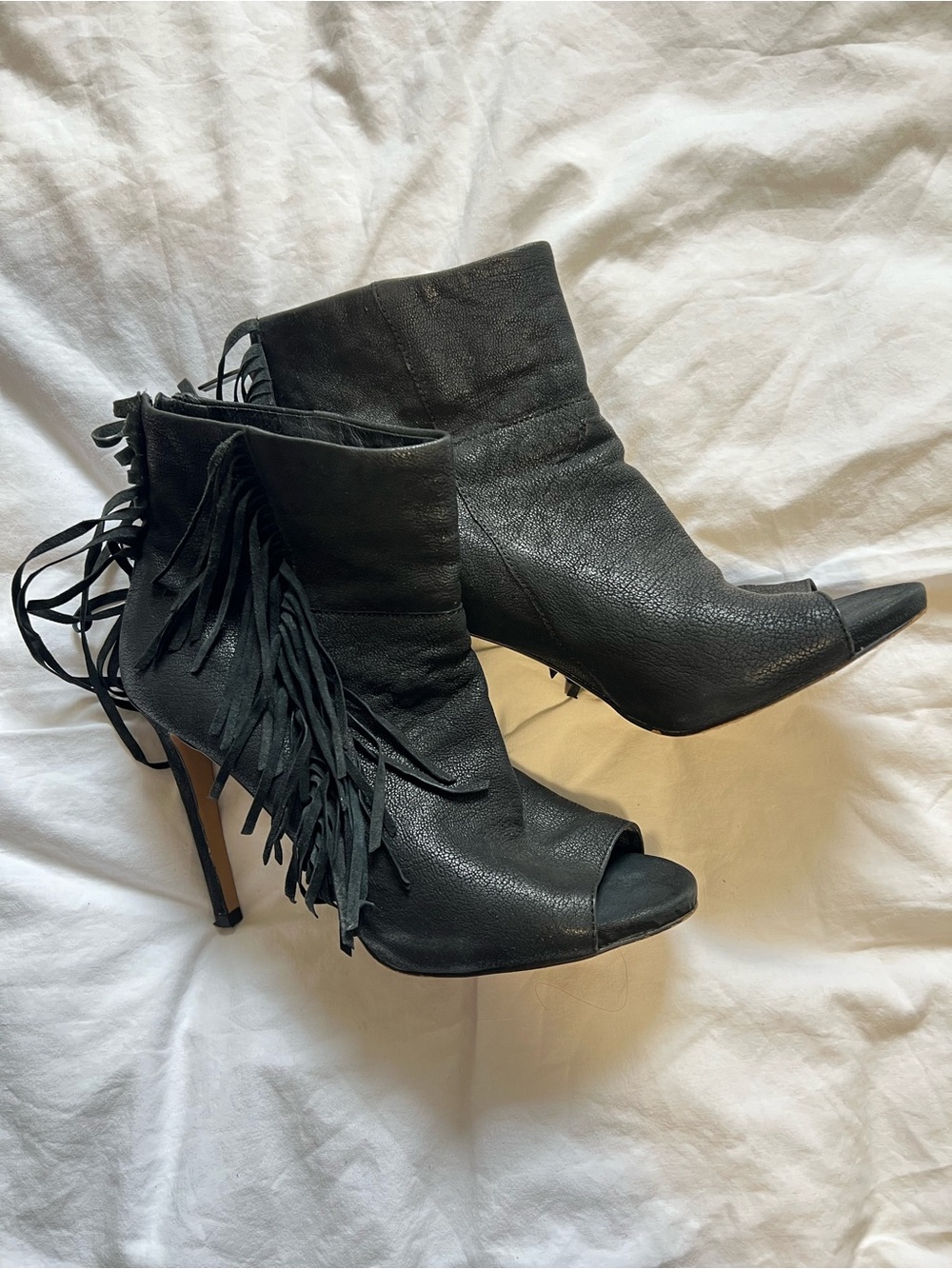 Vince Camuto Black Fringe Open-Toe Ankle Boots